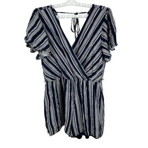 Three Pink Hearts Womens Navy & White Striped Romper Size L 100% Rayon